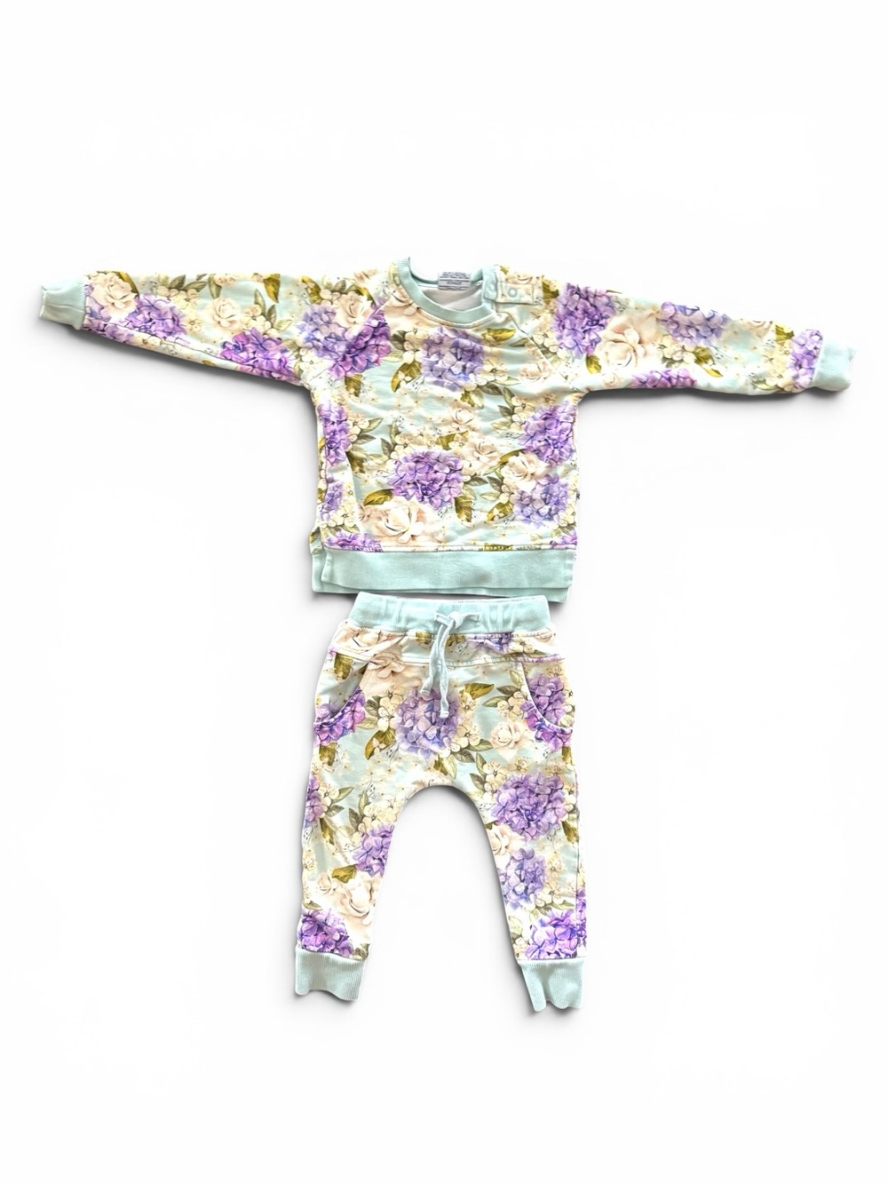 Bums & Roses Girls 18-24M Floral Sweatshirt Jogger Set Blue Purple Hydrangea EUC